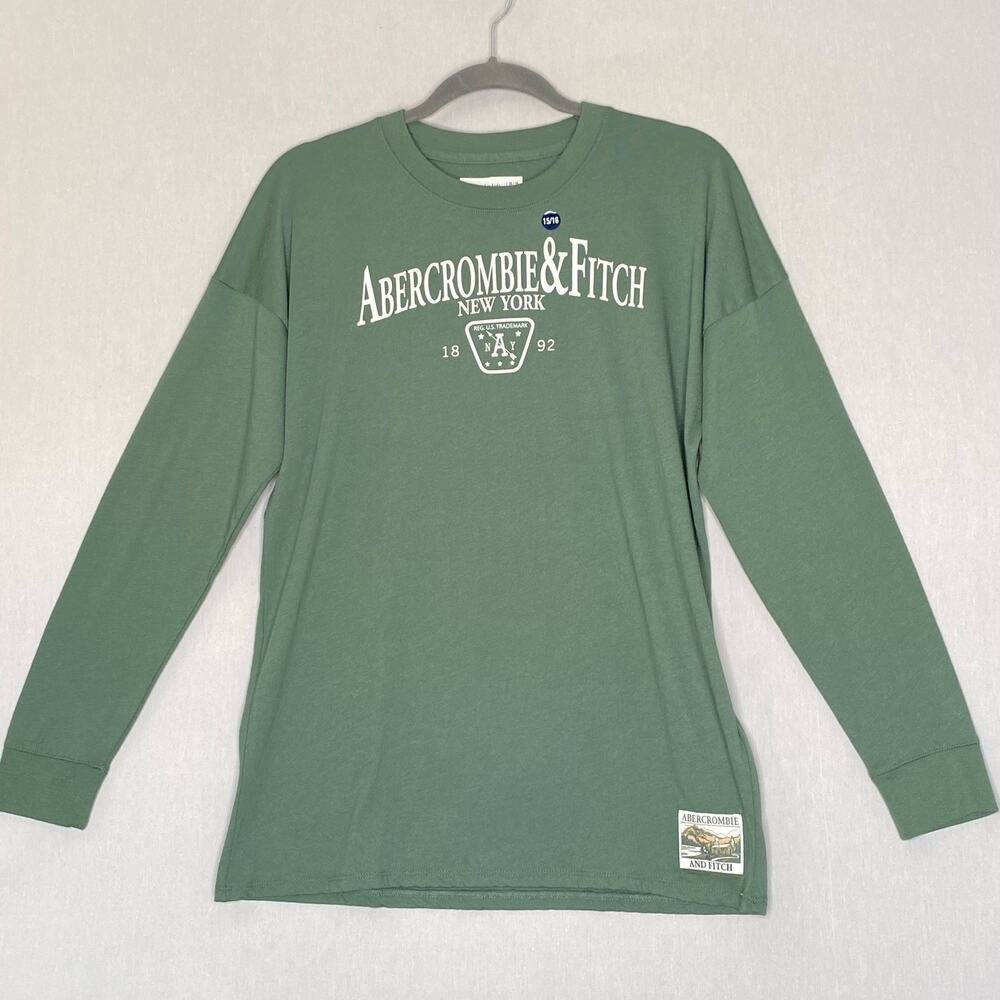 💎NOS Abercrombie&Fitch New York Logo Tee Shirt Kids 15/16 Hunter Green Spellout